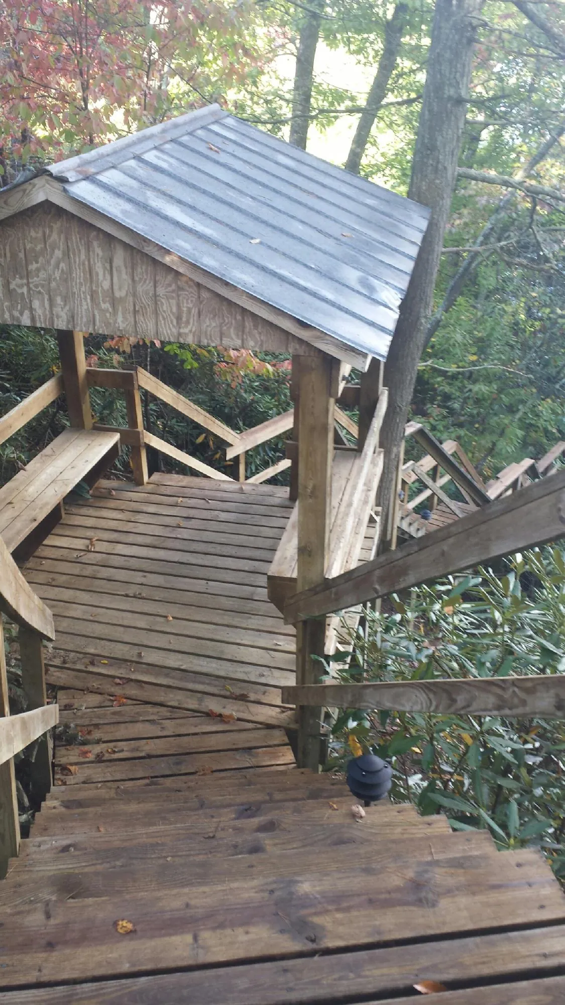 Metal roofed shelter over wooden steps on a wooded walkway — Skylight Repair & Installation work by our crew in Wymore